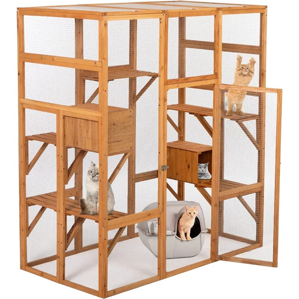 Grande Wooden Pet Playhouse, Run House com Hammock e Solar Top, Outdoor e Indoor Kennel, 63 em x 33 em x 70 em