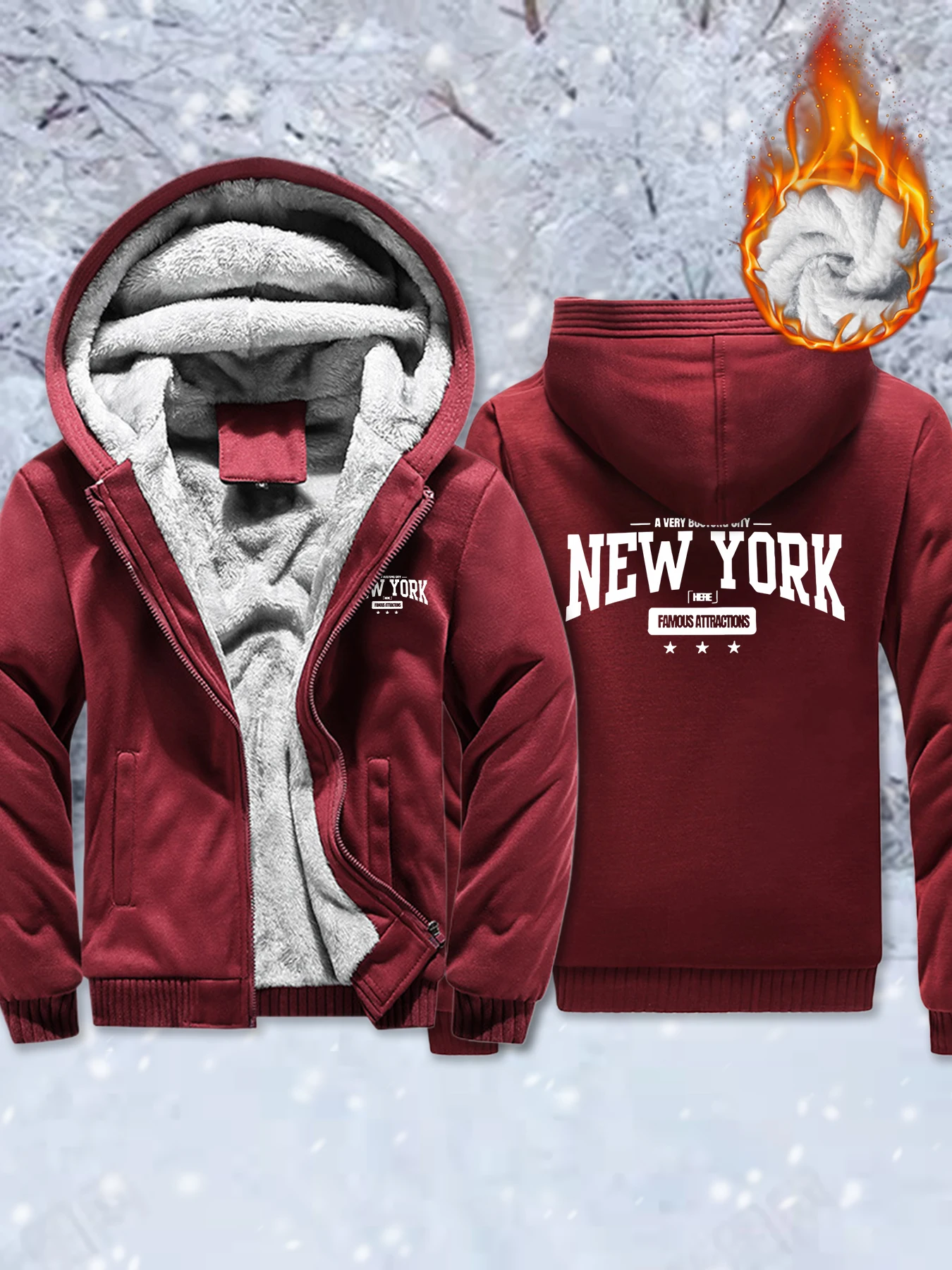 

New York Famous City Printing Thicken Coats Men Casual Zipper Jacket Fashion Oversized Clothes Winter Fleece Unisex Streetwear