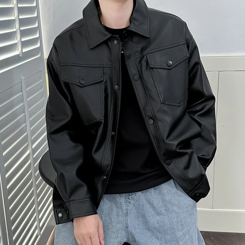 

Pop Mens Pu Leather Jackets Fashion Turn Down Collar Motorcycle Biker Suede Coats Black Loose Faux Leather Jacket Men Streetwear
