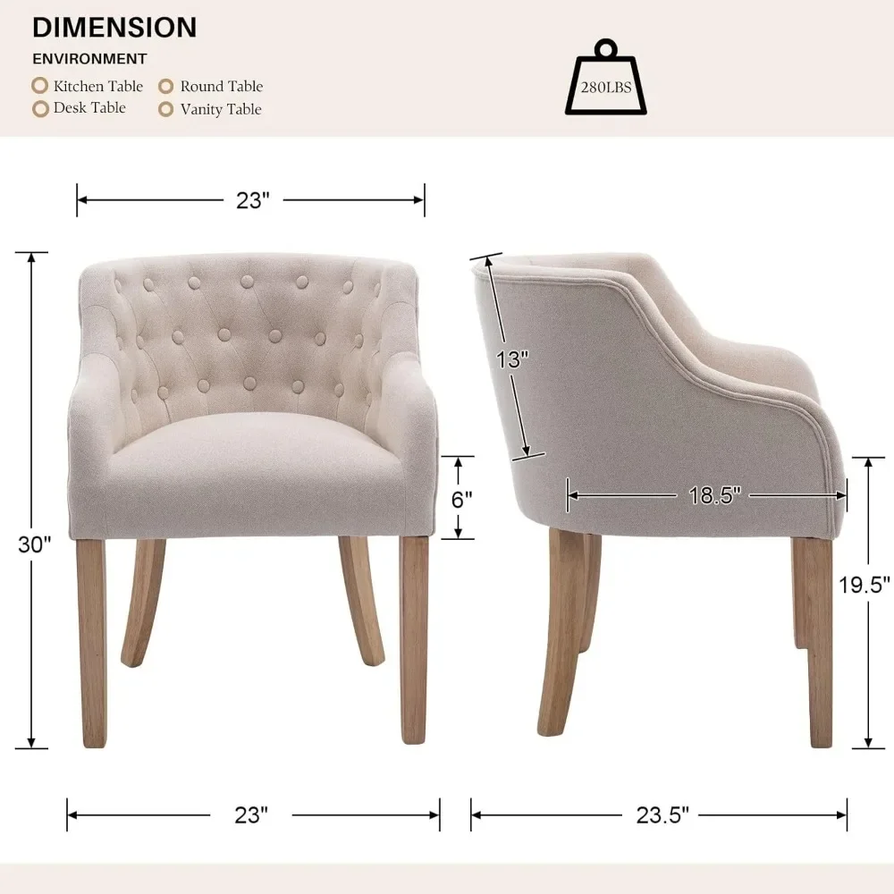 Set Kursi Makan 4 Buah Berlapis Linen dengan Sandaran Berumbai Gaya Farmhouse, Kursi Dapur dengan Sandaran Tangan Kayu Rotan untuk Ruang Makan