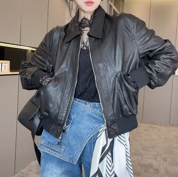 エフィランド 2025 新作 レディース ファッション カジュアル シープスキンレザー ジャケット コート ジッパー ルーズフィット ロングスリーブ カラー アウターウェア