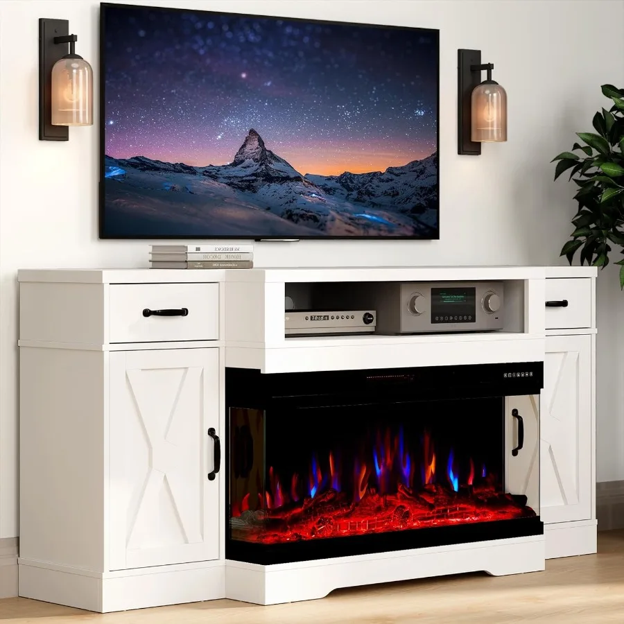 

Large FarmhouseStyle Fireplace TV Stand with 36Inch 3Sided Electric Fireplace for TVs up to 75 Inches Builtin Storage Cabinet a
