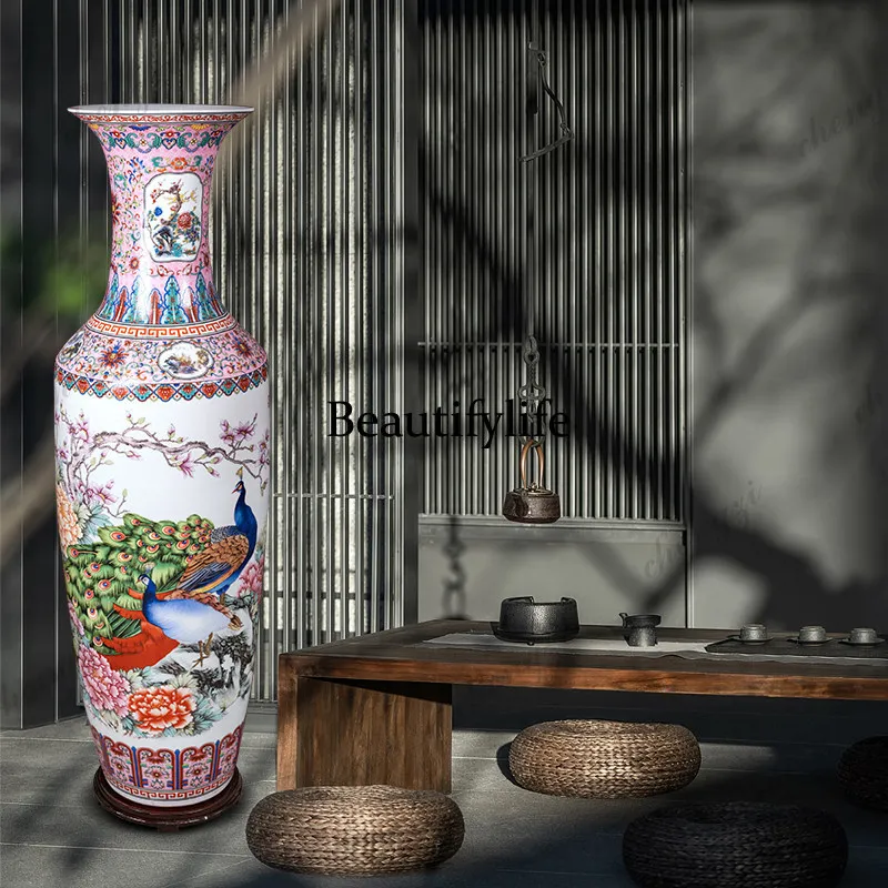 Jingdezhen ceramic pastel landscape floor large vase living room TV cabinet hotel new Chinese style
