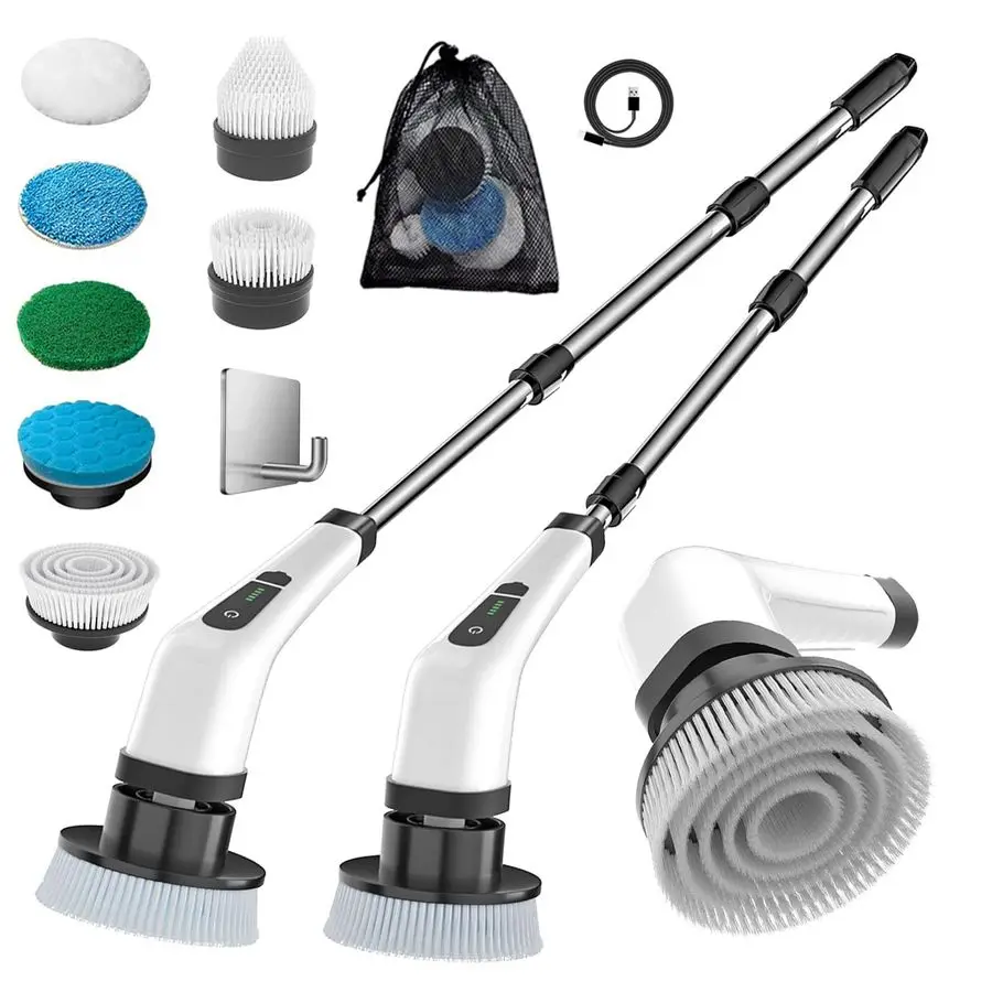 فرشاة تنظيف دوارة كهربائية، فرشاة تنظيف قابلة لإعادة الشحن بمقبض قابل للسحب مع 7 رؤوس فرشاة قابلة للاستبدال، قوة لاسلكية