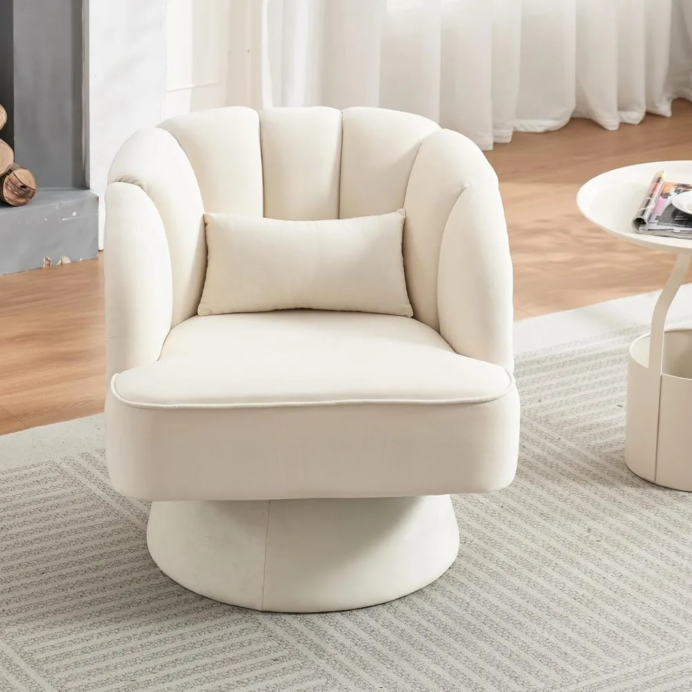 Modern Swivel Barrel Accent Chair, 360 Degree Velvet Upholstered Armchair with Striped Backrest & Plush Padding, Comfortable