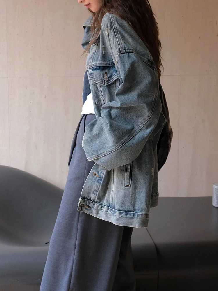 [EAM]  Blue Denim Casual Big Size Vintage Jacket New Lapel Long Sleeve Women Coat Fashion Tide Spring Autumn 2024 1DH7045