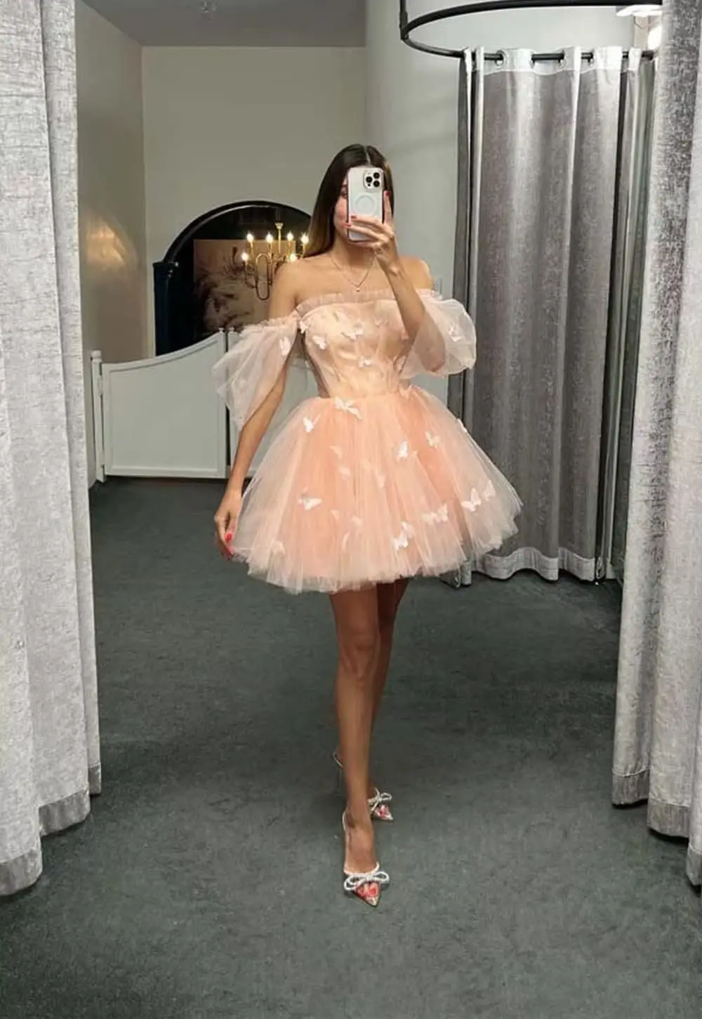 Teen's Tulle A-line Mini Prom Dresses Off the Shoulder Short Puff Sleeve Pleated Homecoming Dress Graduation Party Ball Gowns