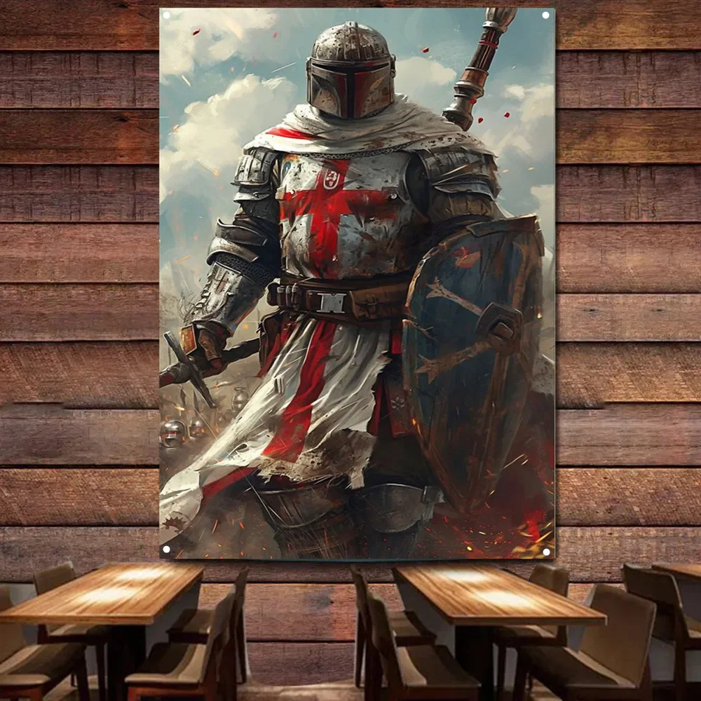 Knights Templar Tapestry Wall Art Poster Vintage Wall Hanging Flag with Crusader Armor Warriors Print for Room and Dorm Decor 2
