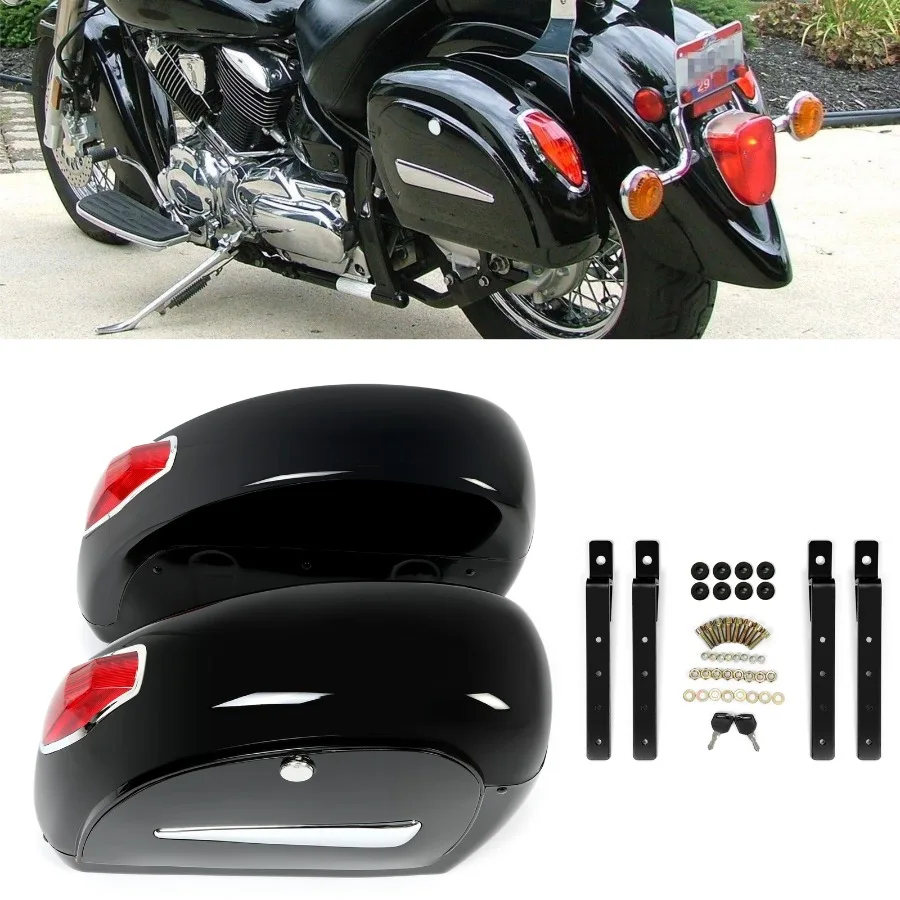 حقائب سرج صلبة للدراجات النارية مع أضواء LED لدراجة Harley Sportster Softail Dyna Honda #4