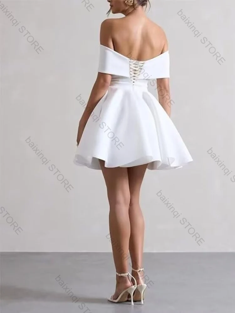 White Color Satin Simple Sex Appeal Women Evening Dress Strapless Lace Up Short Skirt Suit Special Occasions Prom Party Birthday