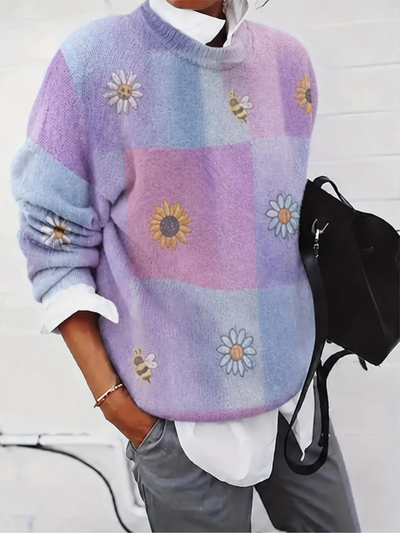 Plus Size Women Pastel Plaid Sweater, Floral & Bee Embroidery Retro Elegant Long‑Sleeve All‑Over Print Casual Pullover for Fall