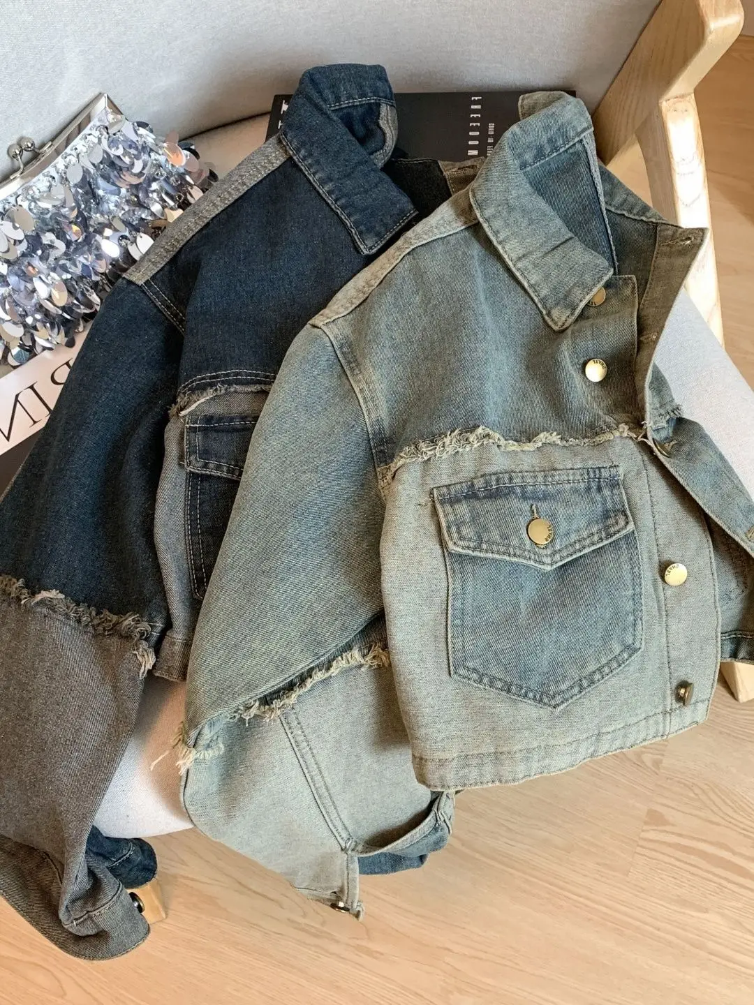 Vintage Spliced Denim Jacket Women's Short Spring and Autumn Loose Fashion Rough Edge Jacket Top