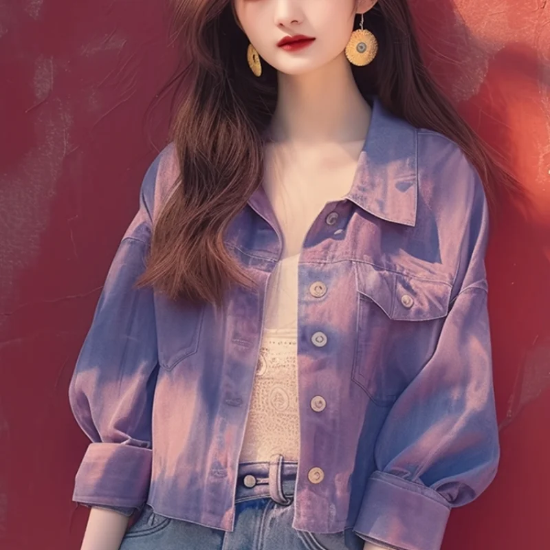 Unikalny, wczesnojesienny, fioletowy płaszcz dżinsowy damski o luźnym kroju, w stylu koreańskim, swobodny, modny wiatrówka, stylowa odzież wierzchnia.