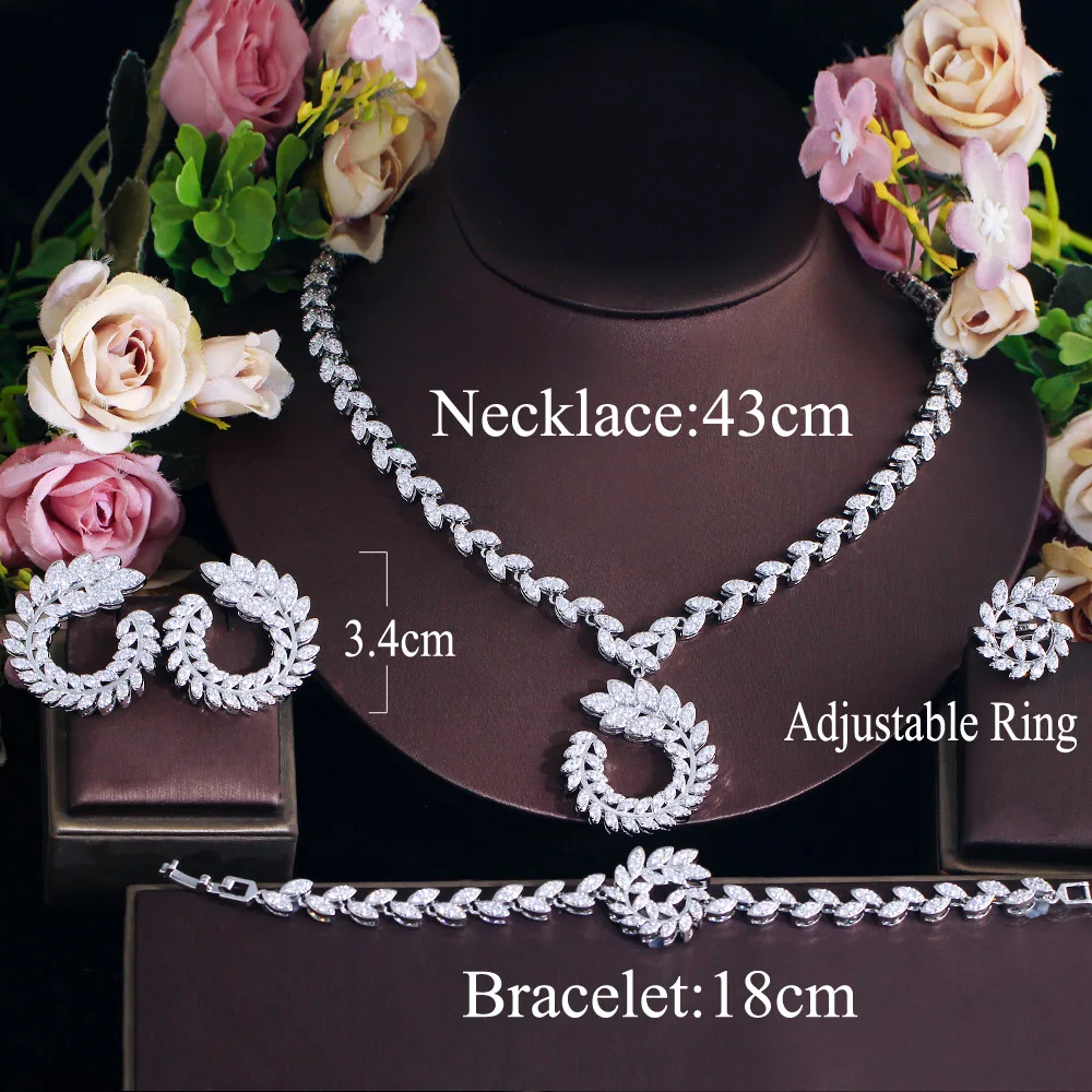 CWWZircons  Elegant Design Olive Leaf Pretty White Cubic Zirconia Jewelry Sets for Women Wedding Banquet Bridal Party Wear T741