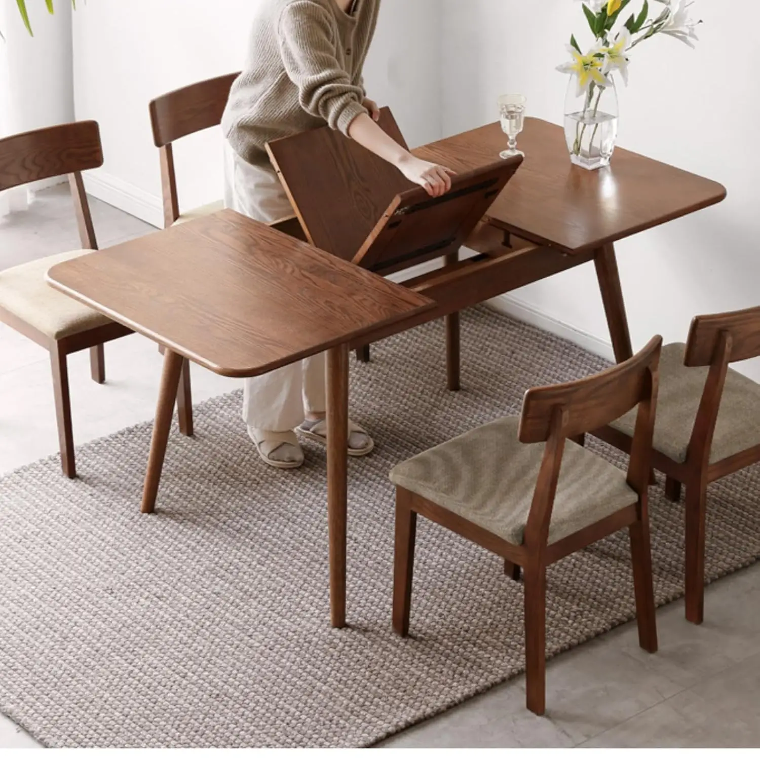 Oak Extendable Dining Table, Solid Wood Folding Table, Mid Century Modern for Kitchen Apartment Living Room 47