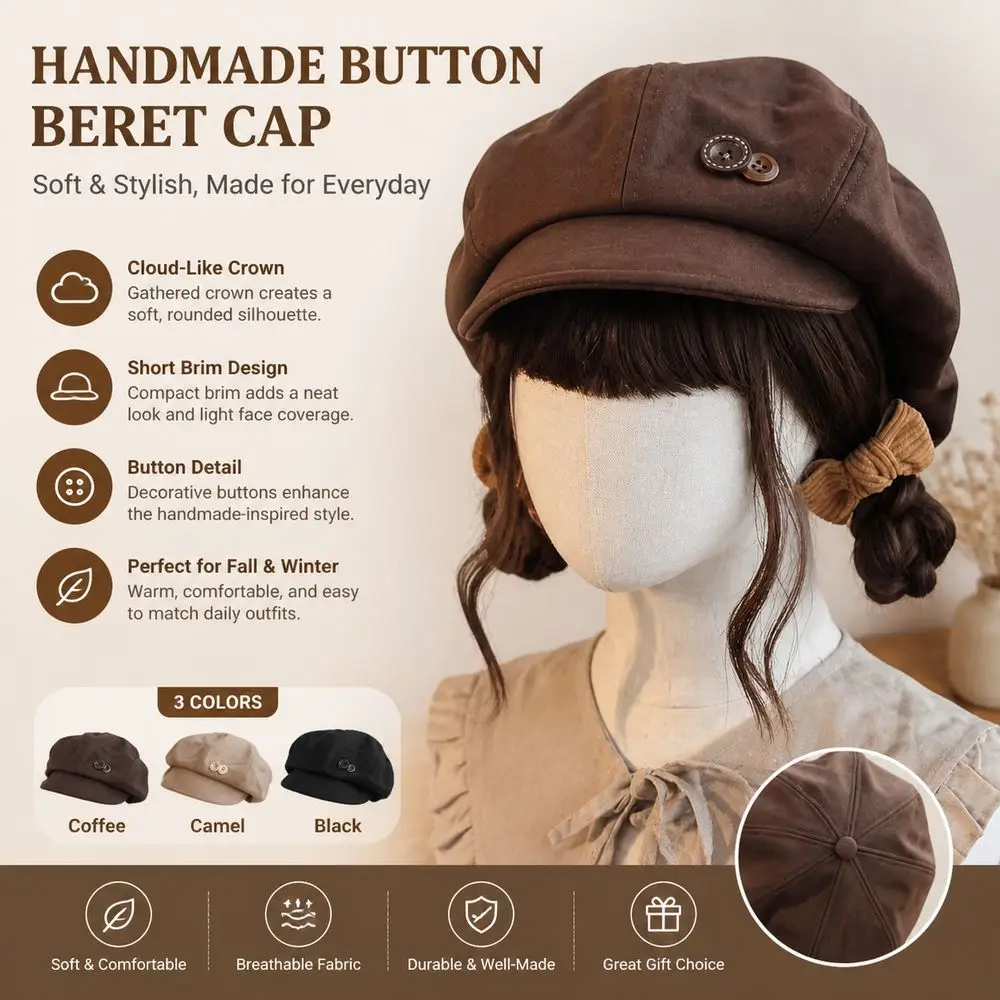 New Handmade Beret Cap Women's Beret Button Newsboy Cap Warm Style Short Brim Hat Women's Headwear