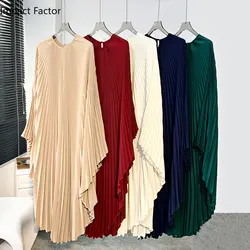 Pleated European And American Cross Border Loose Dress Women's Long Bat Sleeves Irregular Western Casual Party Dress 2024 New