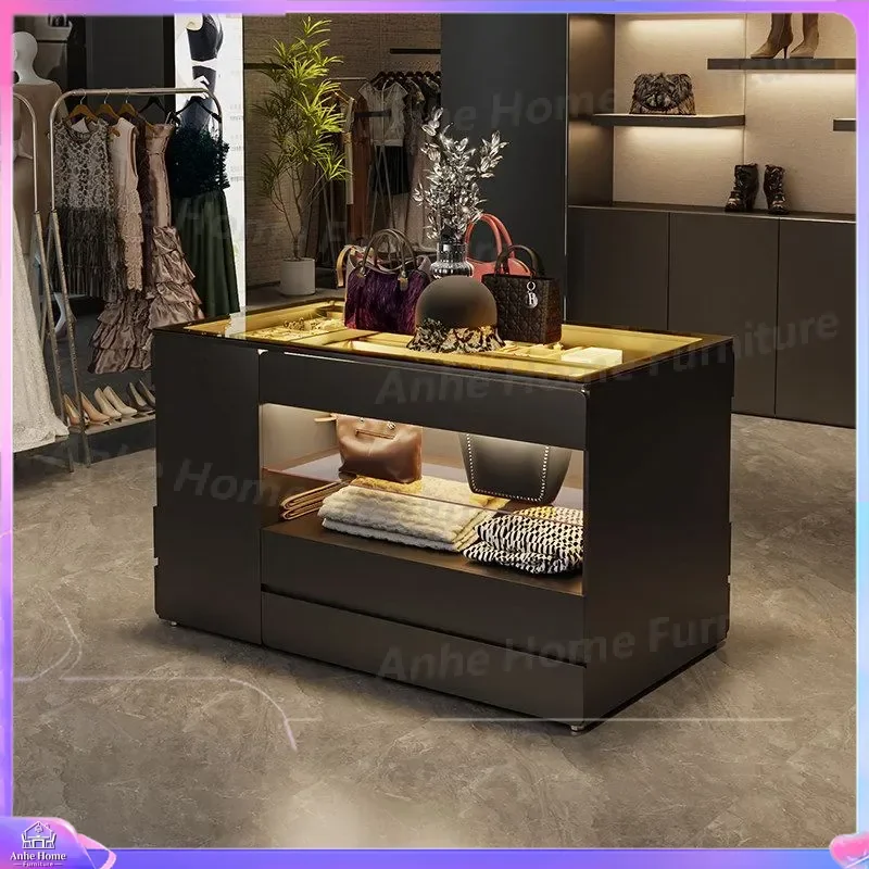 Black Island Display Cabinet Double Sided Jewelry Showcase with LED Light Large Capacity Storage Locker for Bedroom Cloakroom