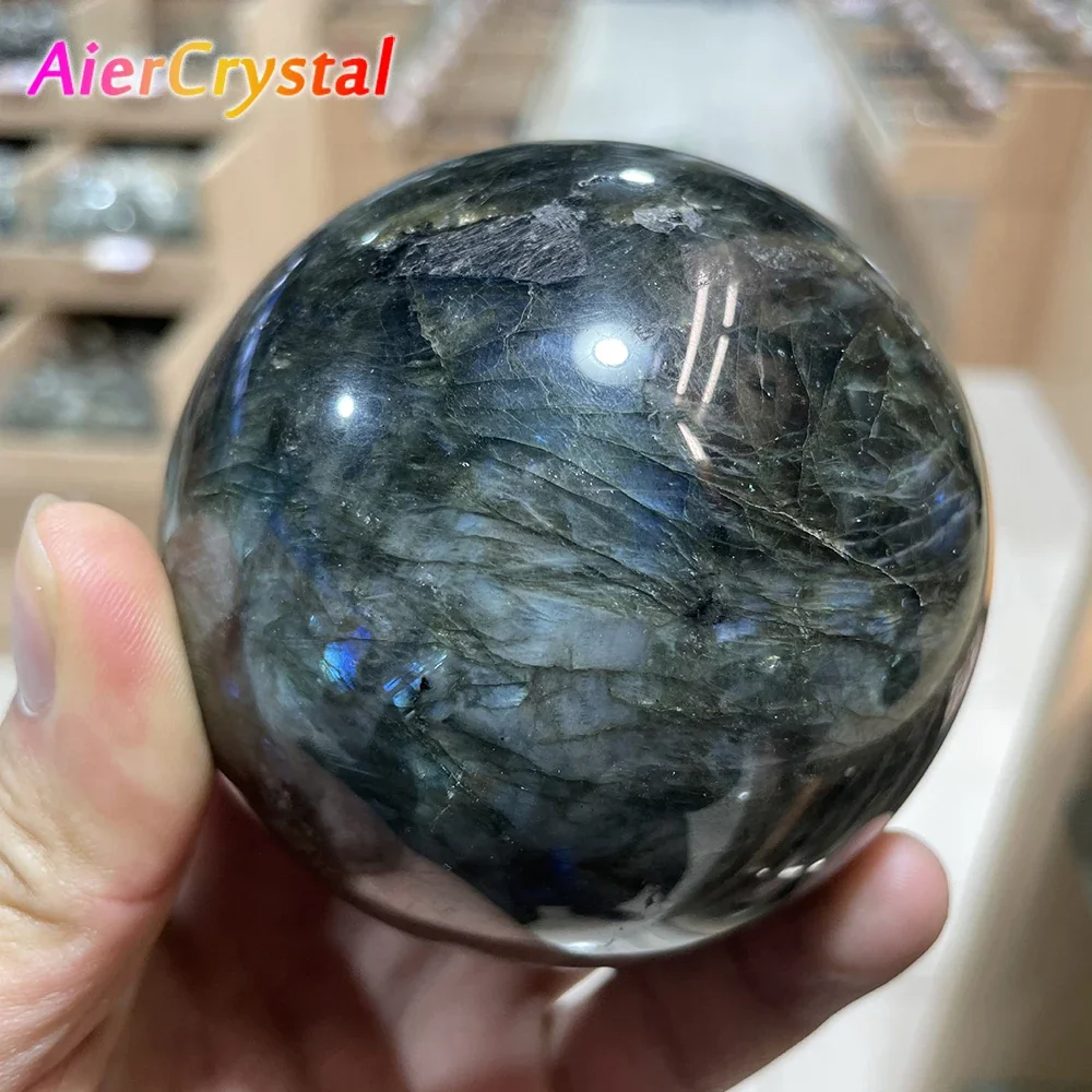 Natural Labradorite Ball Crystal Ball Pull Feldspar Ball Ornaments Blue Elongated Stone Polishing Ornaments Gift Ball 40mm-70mm