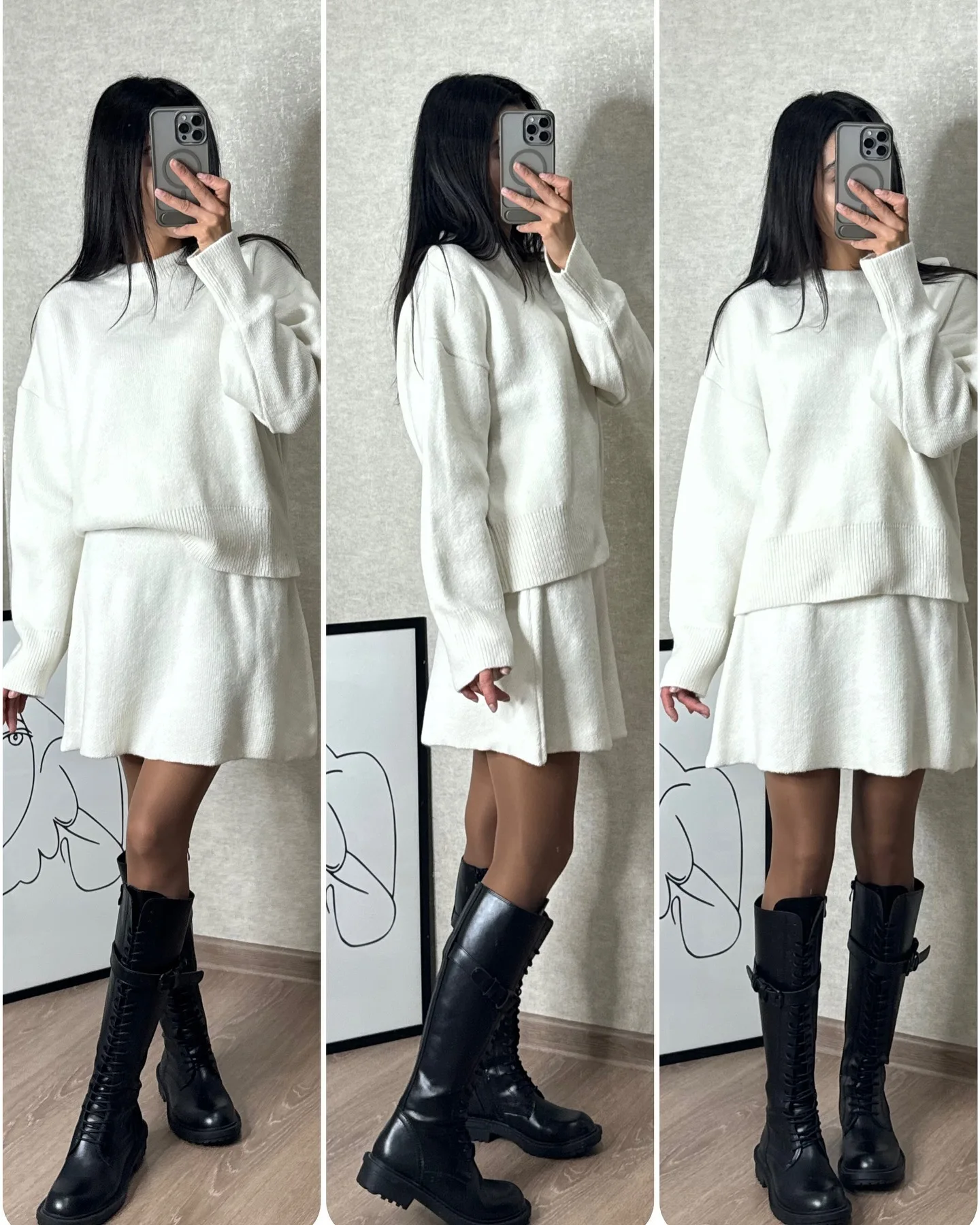 Preppy Style Sweet Two Piecec Suit Vintage Knit Pullover Sweater+Mini Skirt Winter Y2k Skirt Sets Elegant O-neck Knitted Outfits
