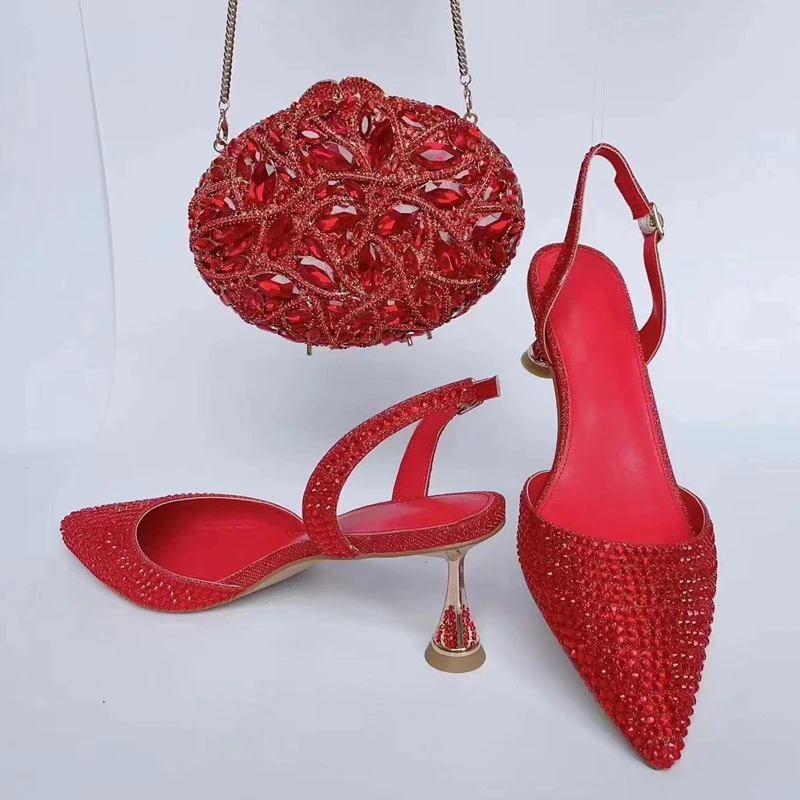 

INSIGHTLINK Women's Red Color Rhinestone high heeled Shoes And Clutch Purse Set Diamond high-heeled Stiletto sandals For Wedding