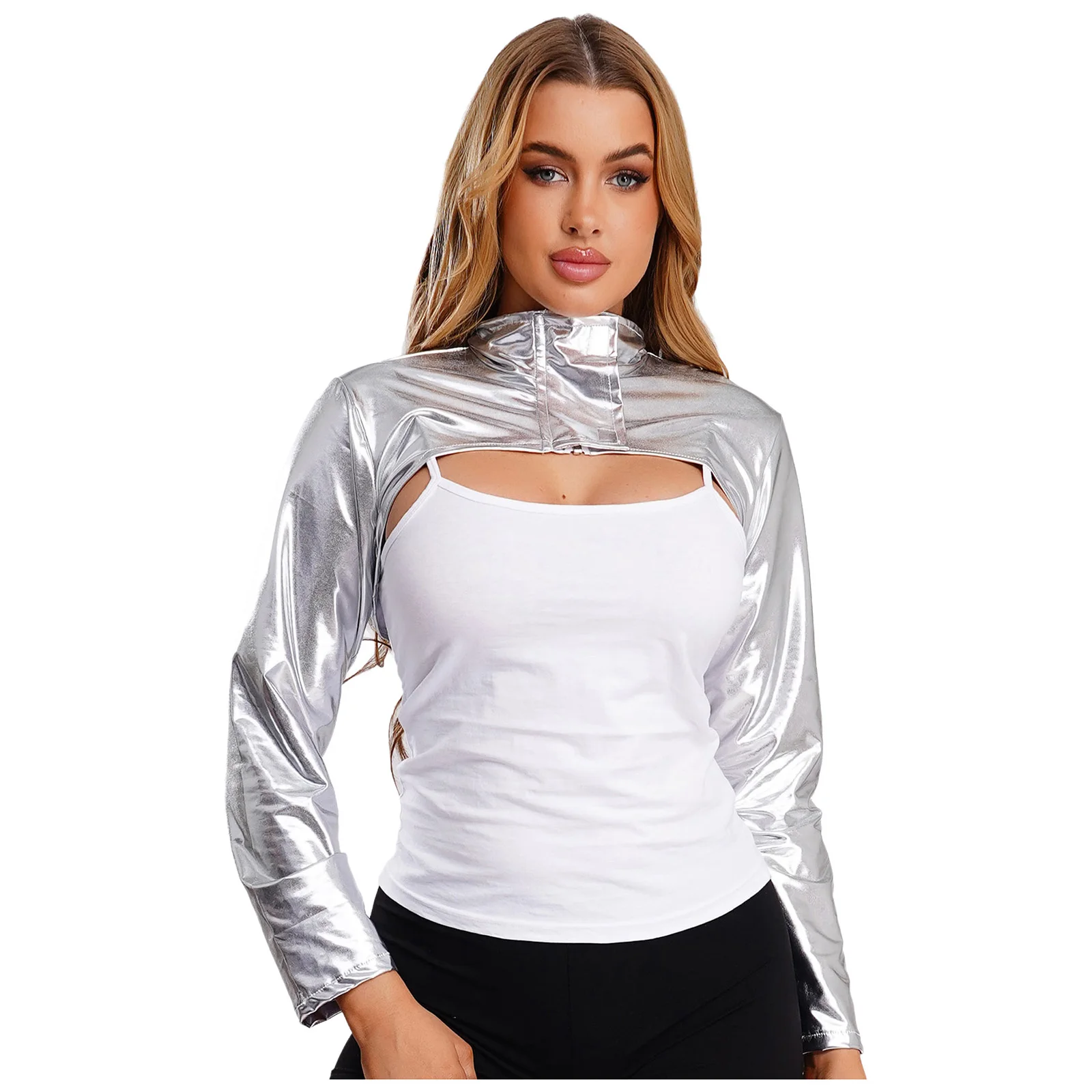 Womens Disco Party Dance Crop Top with Oversleeves/Brooch Holographic Metallic Pullover T-shirt Top for Rock Music Festival Wear