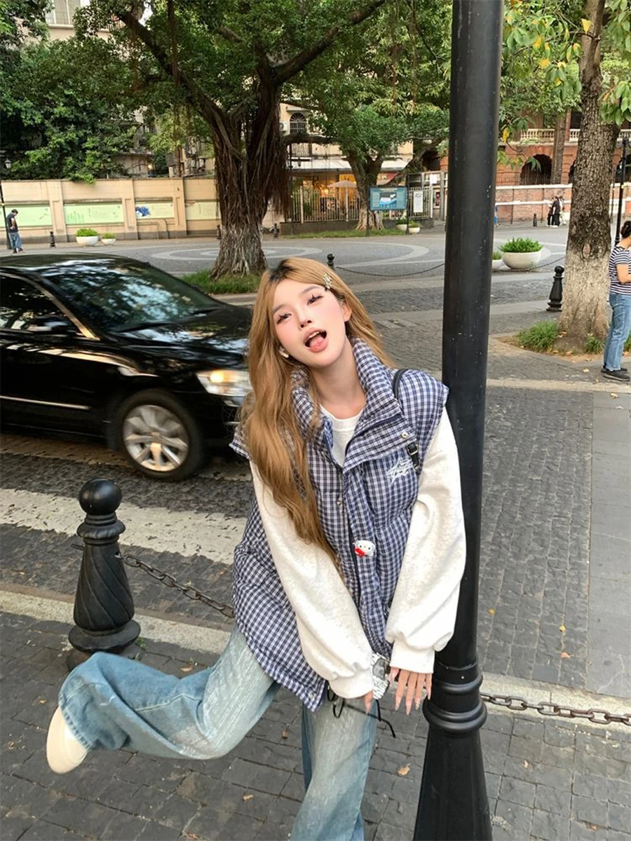 유 자오린 2025 신상 미국 스타일 체크무늬 조끼 여성용 루즈핏 스탠드 칼라 면 폴리에스터 섬유 따뜻한 지퍼