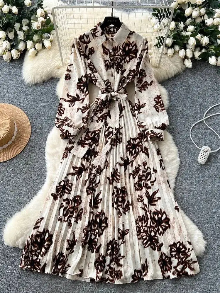 Women French Vintage Floral Dress Spring Autumn Strap Long Sleeved Shirt Dresses Ladies Elegant Lapel Mid Length Dress Vestidos