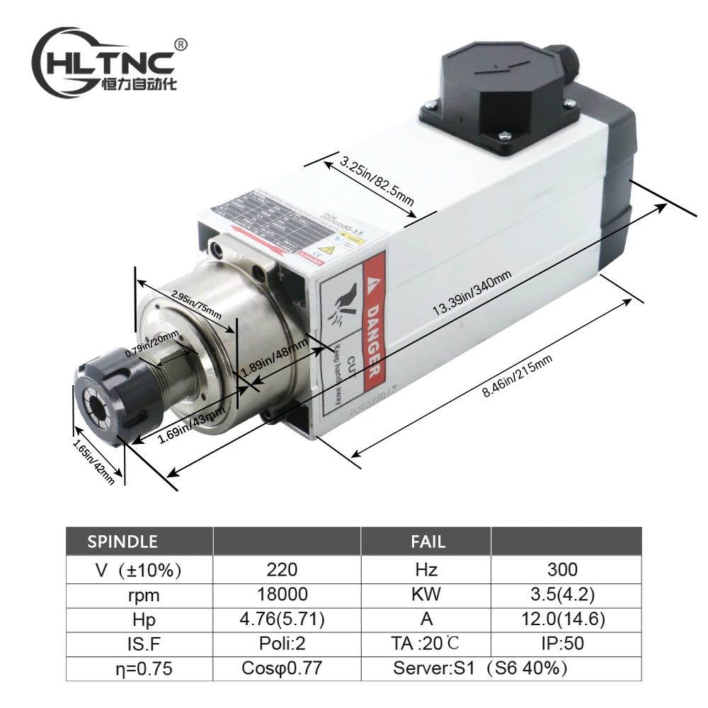 HLTNC HQD 93 * 82 18000 rpm square air cooled 3.5kw ER25 220V 300HZ numerical control metal junction box connector plug spindle - Image 6