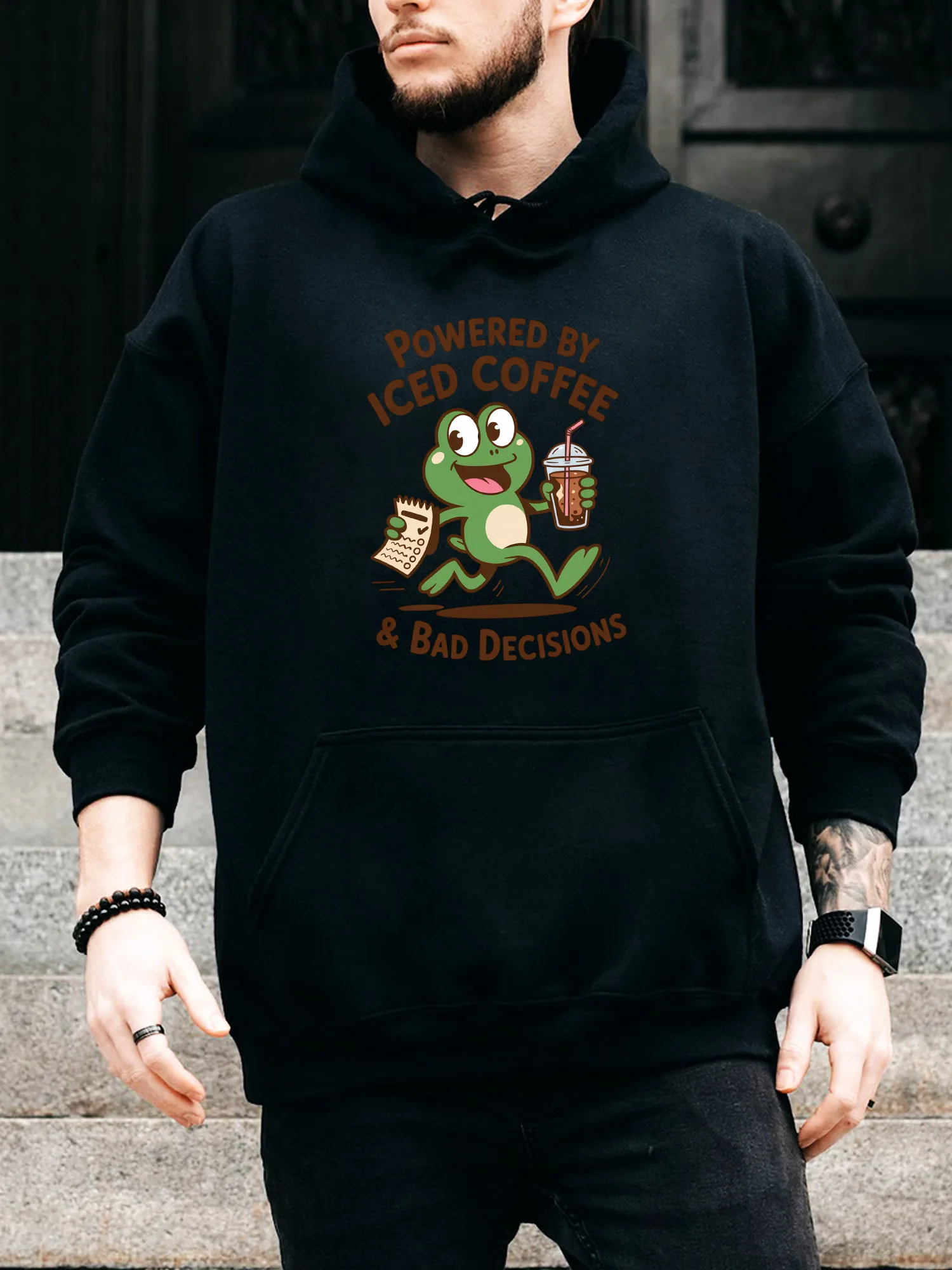 

Мужская толстовка на шнурке Powered by Iced Coffee — повседневный удобный черный пуловер, осенне-зимняя толстовка с капюшоном