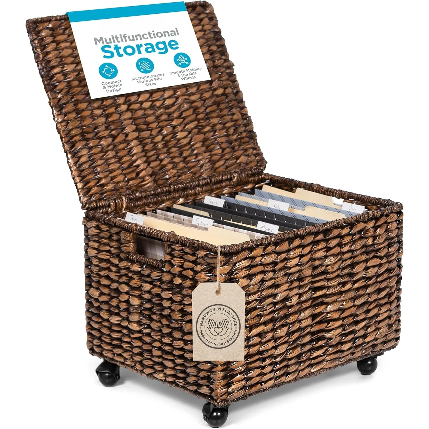 

Rolling File Cabinet with Lid | Small Wooden Under Desk Organizer | Seagrass Basket with Wheels | Portable Home Office Filing