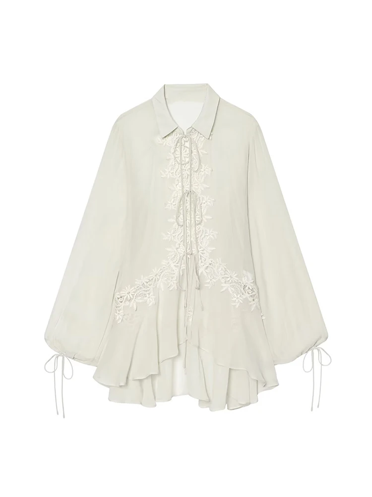 2026 Women Blouses Autumn New Lace Splice Lapel Collar Puff Sleeve Lace-up Shirt Solid Elegant Casual Female Fashion Loose Tops