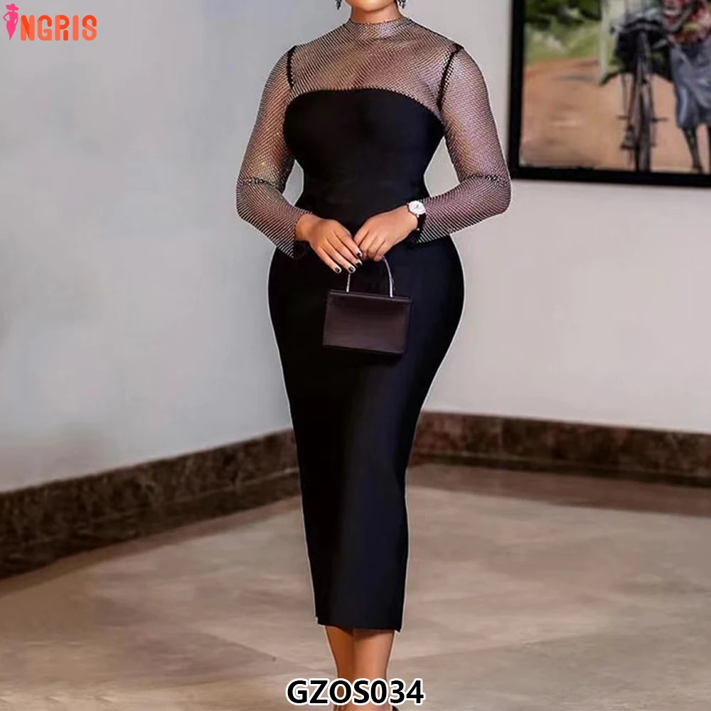

New 2025 style net drill patch-bottom black dress for high-class ladies' party - bandage style gown-GZOS034