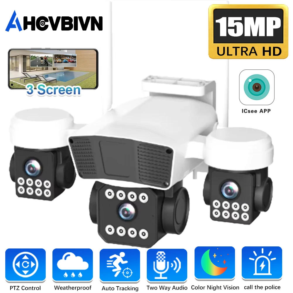 

Three Lens PTZ IP Camera Outdoor 15MP HD Three Screen WiFi Security Camera Auto Tracking Triple Screens Wireless CCTV Camera