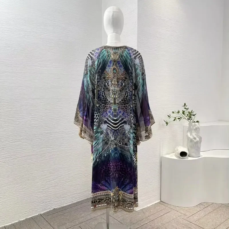 2024 New Collection Purple Blue Leopard Print  Diamonds Pressed V Neck Oversize Loose Midi Dress Long Sleeve High Quality