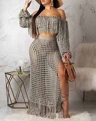 Women Swimsuit Summer Fashion Crochet Casual Mesh Tassel Off The Shoulder Long Sleeve Beach Top & Skirt Sets Swimwear Cover-Ups