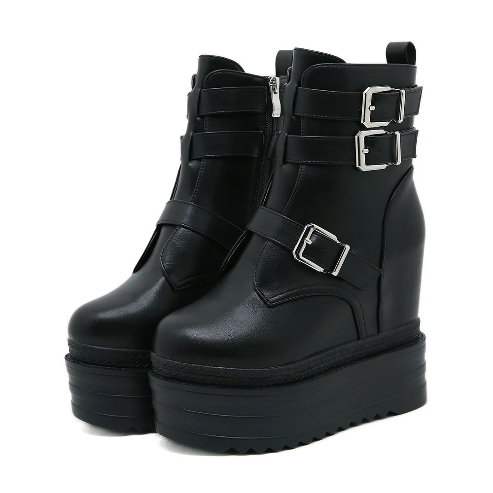 New Wedge Boots Women 13cm Mid Calf Thick Platform Height Increasing Buckle Black White Fashion Bridal Wedding Party Dress Shoes