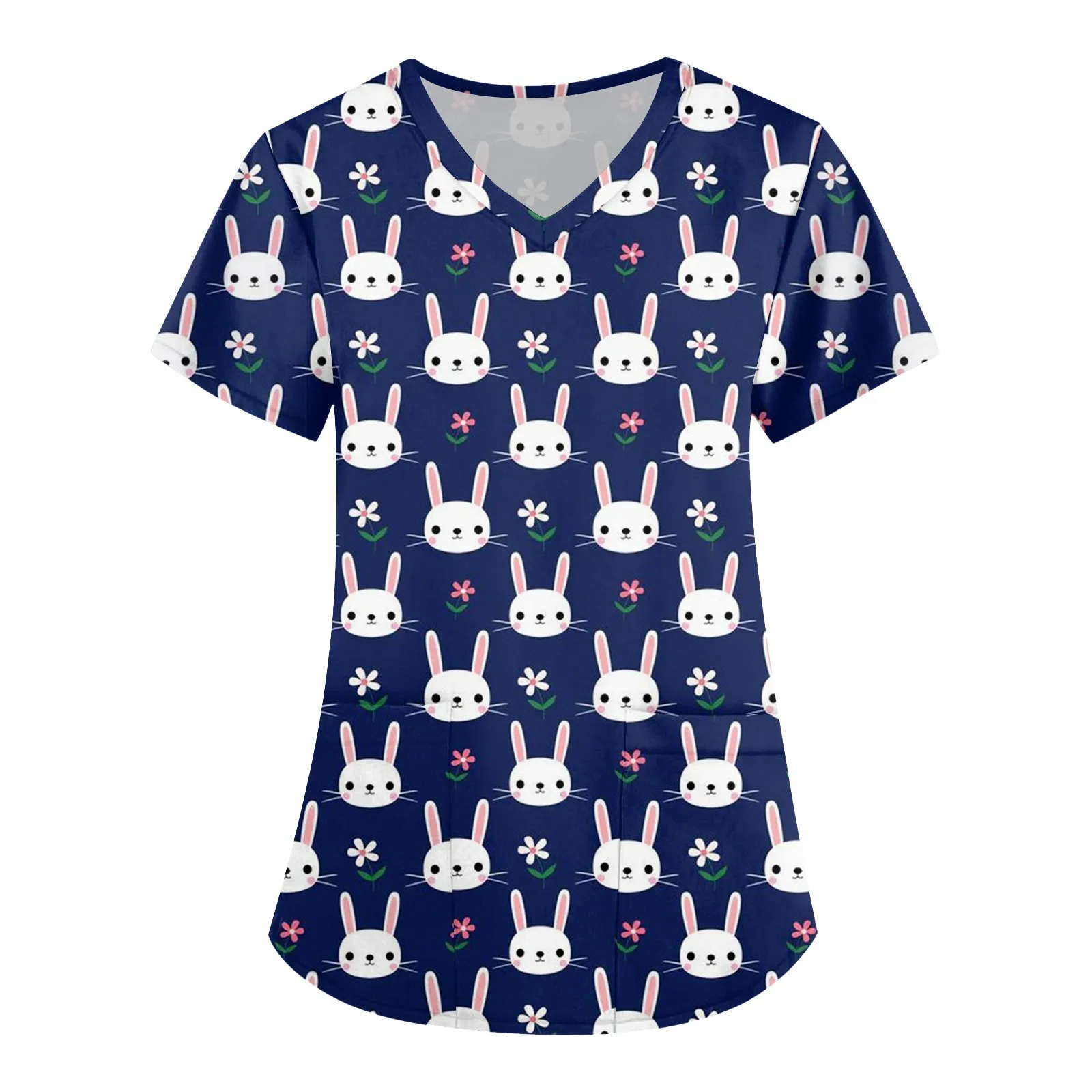 Easter Womens Scrub Uniform Tops 2024 Short Sleeve V Neck Rabbit Egg Printed Top Nursed Working T Shirts Blouse With Pockets