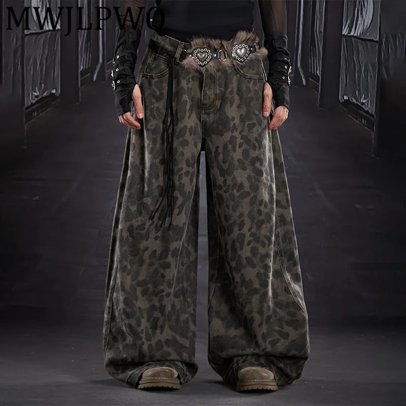 

MWJLPWQ Men's Belt American Style Street Loose Wide-Leg Leopard Print Pants High Street Washed Vintage Casual Trouser Tide 12840