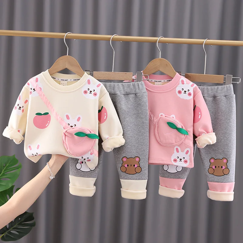 Winter Baby Girl Clothes 12 To 24 Months Cartoon O-neck Plush Velvet Long Sleeve Sweaters and Leggings Kids Set Christmas Outfit