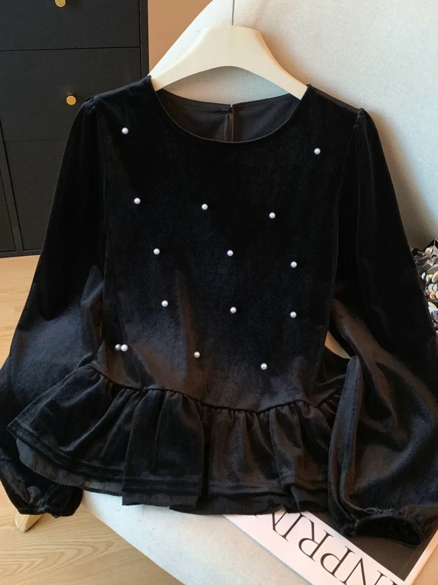 

Velvet irts Women's Heavy Embelliment Self-Kee Sle Autumn Winter Outerwear Inner Match Floral Hem Top