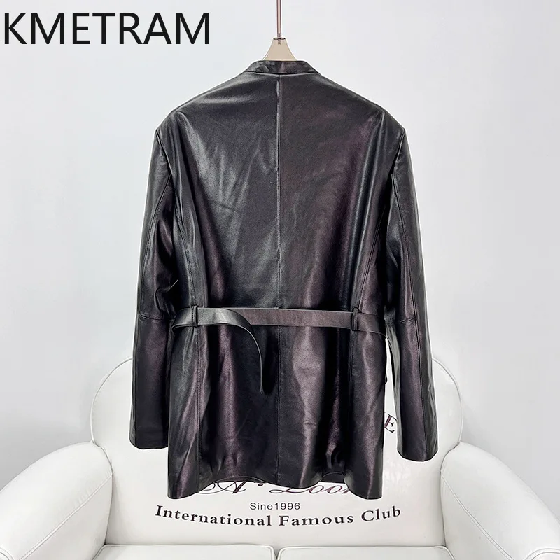 100% Real Sheepskin Jacket Woman Elegant V-neck Genuine Leather Jackets Women with Lace Up 2025 Autumn Ladies Clothes дубленка