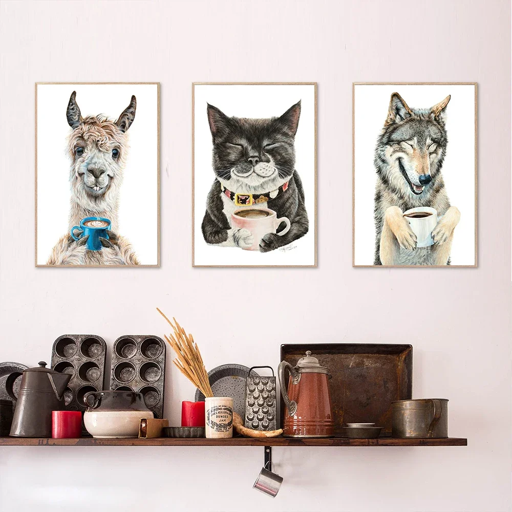 Zwierzęta Drinking Coffee Plakat Wydruki Llama Latte Cat Wolf Grizzly Tiger Fox Canvas Painting Modern Kitchen Bar Wall Decor