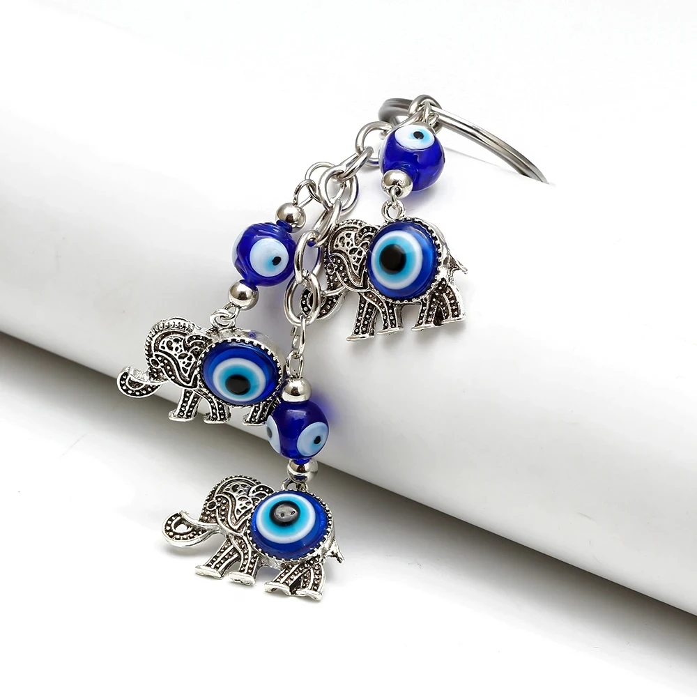 Lucky Eye Alloy Fatima Hand Elephant Owl Tree of Life Keychain Blue Turkish Evil Eye Key Chain Car Keyring for Women Men Jewelry