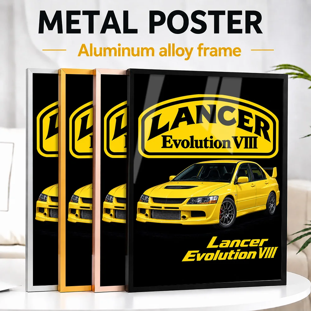 Japanese Lancer Evolution VIII Lightning Yellow Sports Car Framed Metal Print Customized Heritage Machine Wall Art For Garage
