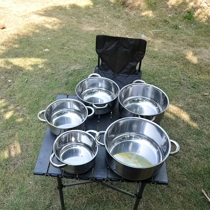 

10-Piece Durable Stainless Steel Cookware Set with Lids - Versatile 5-Size Outdoor Camping Collection (6.3" to 9.4")