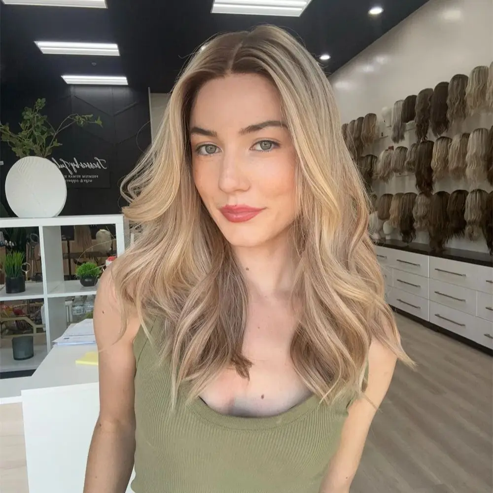 

Large Small Cap Balayage Highlights Blonde Synthetic Wig Dark Roots Lace Front Glueless HD Daily Wigs for Women Easy To Wear