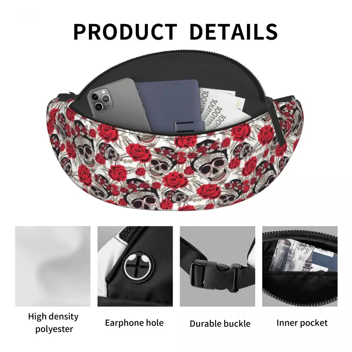 Fanny Pack de crânio de açúcar para homens e mulheres, bolsa de cintura crossbody para acampar, bicicleta, bolsa para telefone, moda mexicana