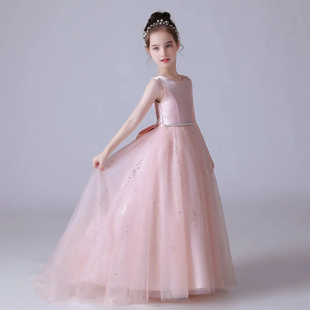 KYDYNQJ Pink Dress For Girl O-Neck Shiny Tulle Bow Flower Girl Dresses Sleeveless Kids Birthday Formal Princess Gowns