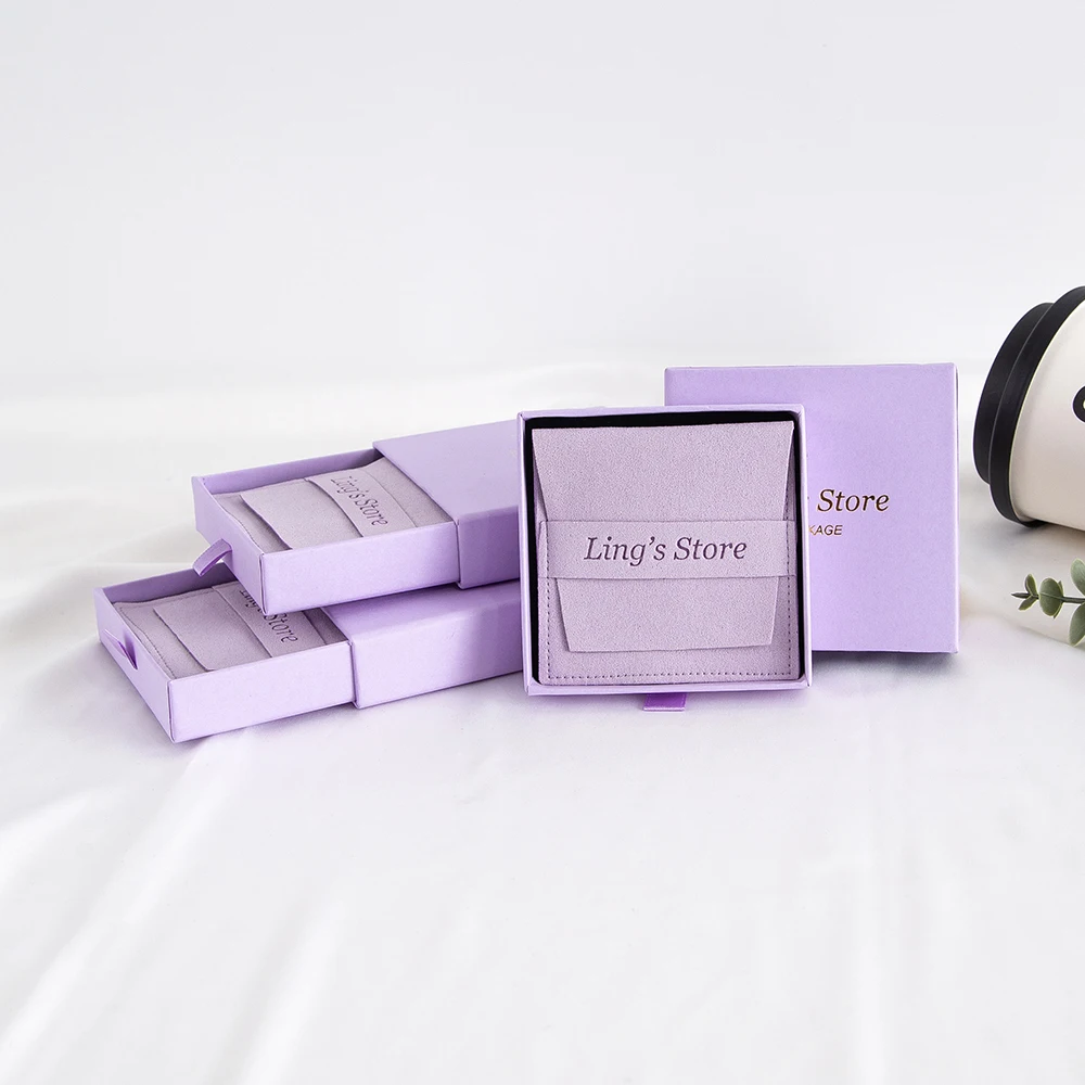 24Sets Custom Logo Violet 9x9x2.5cm Jewelry Gift Box 8x8cm Microfiber Envelope Bag Suede Velvet Rings Earrings Organizer Pouches